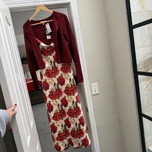 NWT | Red and Cream Floral Maxi Dress with Cardigan